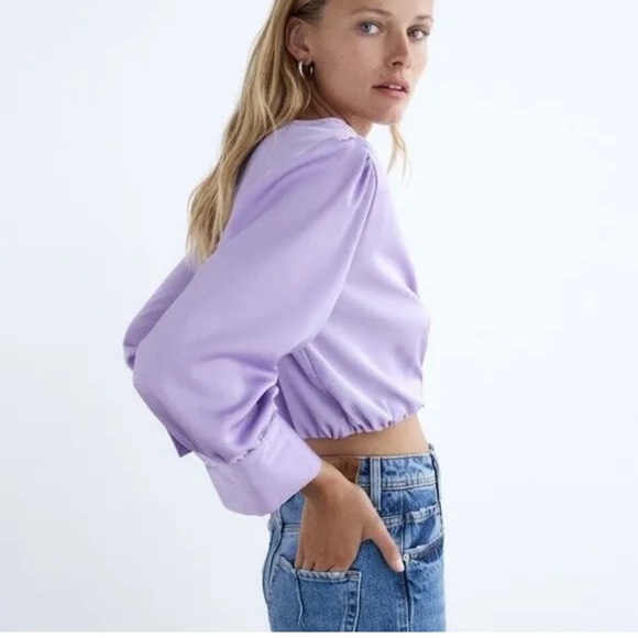 Zara satin effect draped lilac Blouse long sleeve large - Picture 5 of 9